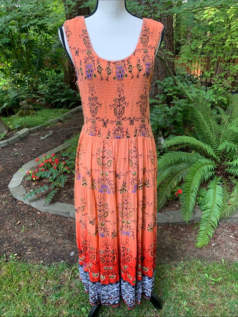 Phool Sleeveless Orange Floral Maxi Dress - Bohemian Smocked Bodice